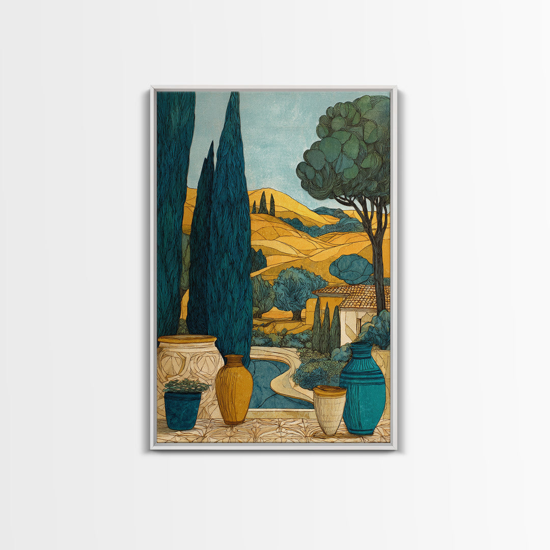 Tuscan Cypress Trees and Golden Hillside Canvas Print, Mediterranean Art, Modern Decor, Living Room Decor, Oil Painting, Azure, MAR-2x3-14