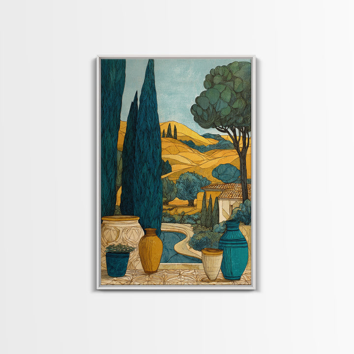 Tuscan Cypress Trees and Golden Hillside Canvas Print, Mediterranean Art, Modern Decor, Living Room Decor, Oil Painting, Azure, MAR-2x3-14