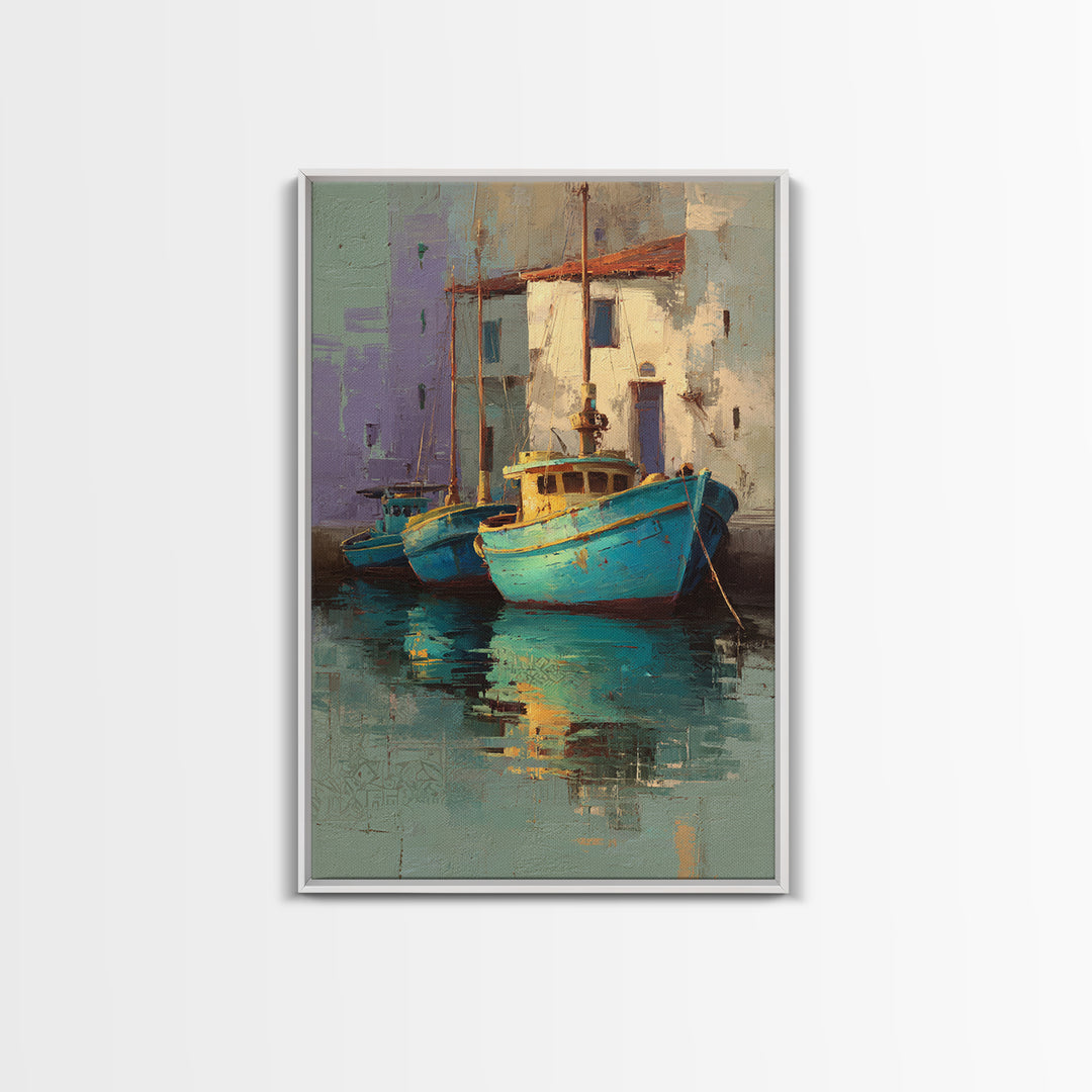 Coastal Fishing Boats Canvas Print, Mediterranean Art, Minimalist Wall Art, Living Room Decor, Fine Art, Azure, Neutral Decor, MAR-2x3-15