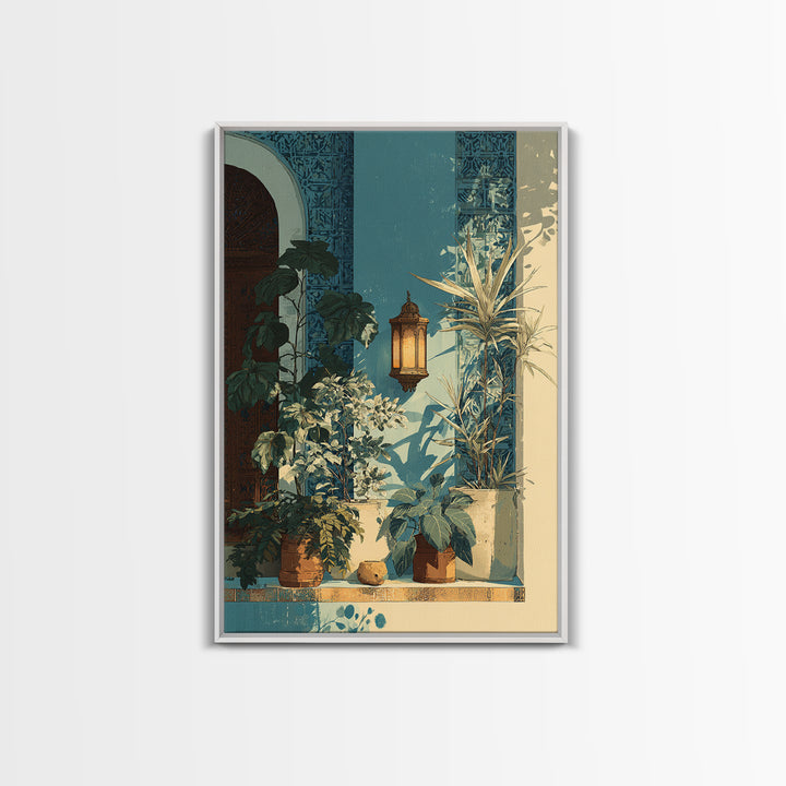 Moroccan Influenced Lantern Framed Canvas Print, Mediterranean Art, Textured Painting, Living Room Decor, Abstract Art, Azure, MAR-2x3-17