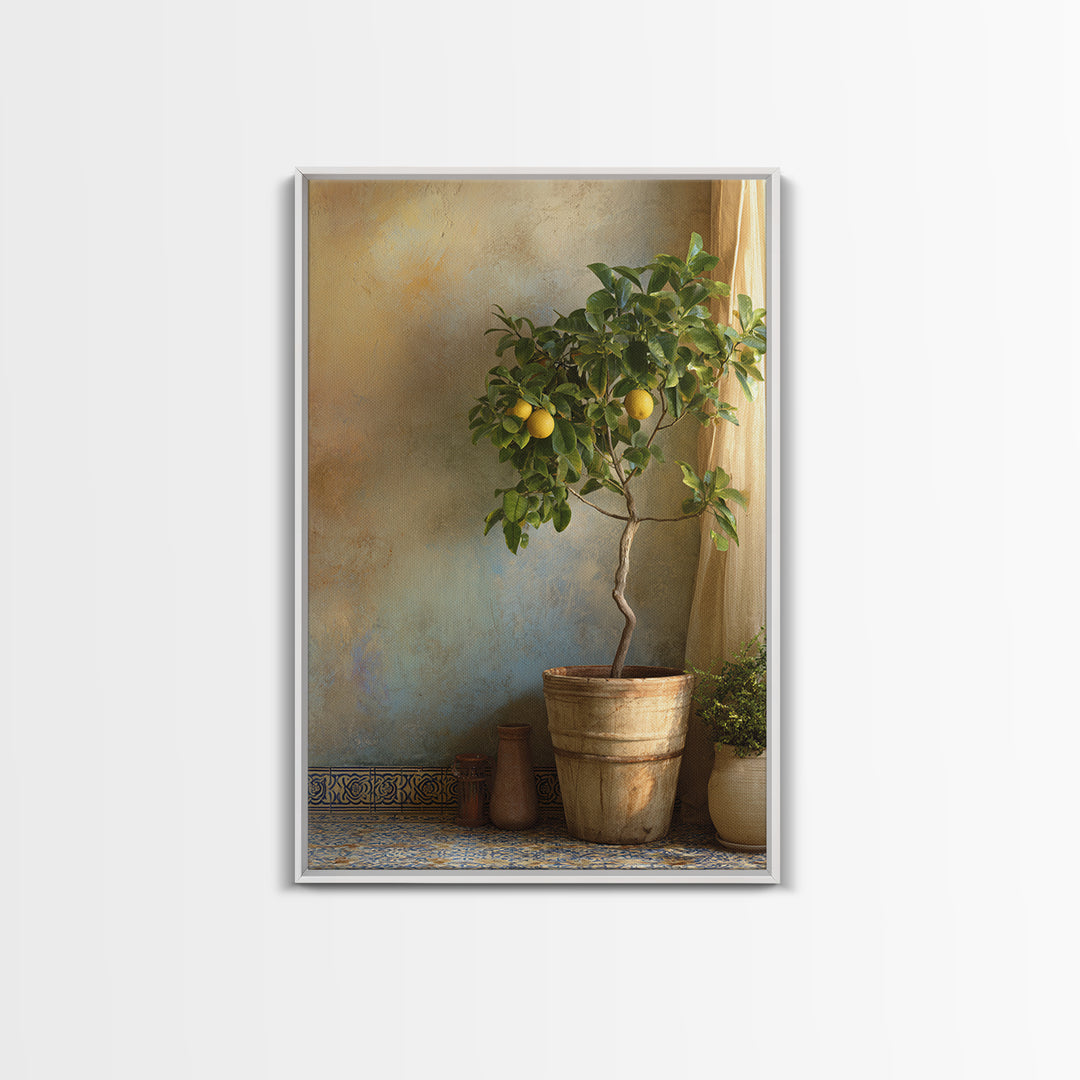 Citrus Tree in Clay Pot Framed Canvas Print, Mediterranean Art, Fine Art Print, Living Room Decor, Watercolor Art, Azure, MAR-2x3-18