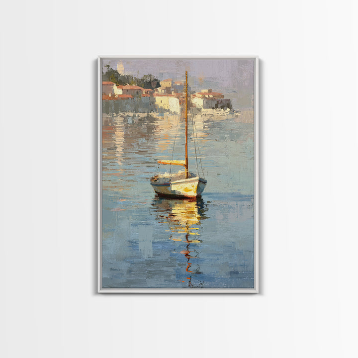 Mediterranean Sailboat on Glassy Water Framed Canvas Print, Mediterranean Art, Gallery Decor, Living Room Decor, Abstract Art, MAR-2x3-2