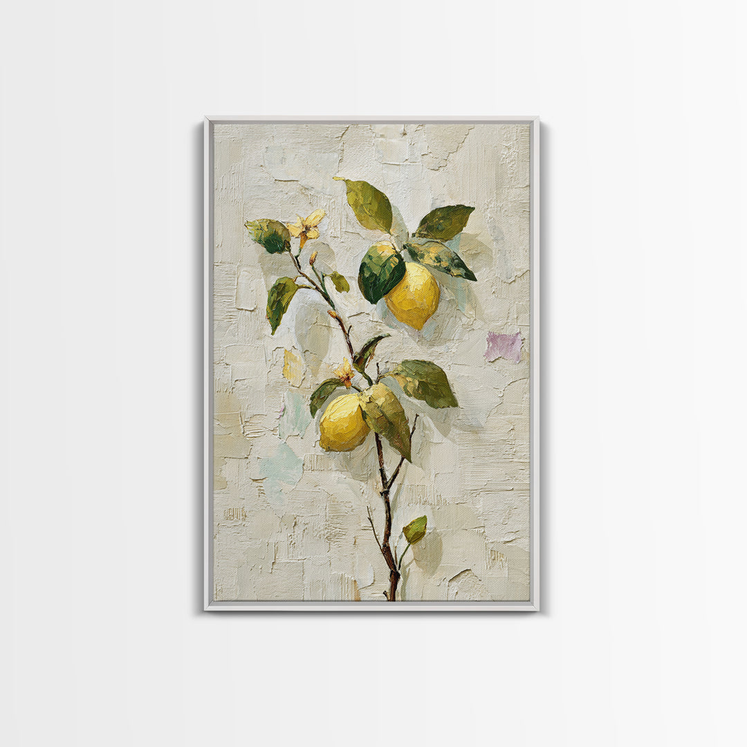 Sicilian Lemon Branch on Ivory Background Framed Canvas Print, Mediterranean Art, Boho Decor, Living Room Decor, Azure, MAR-2x3-21