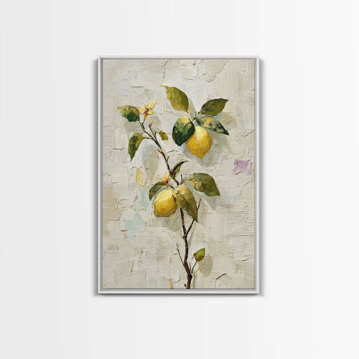 Sicilian Lemon Branch on Ivory Background Framed Canvas Print, Mediterranean Art, Boho Decor, Living Room Decor, Azure, MAR-2x3-21