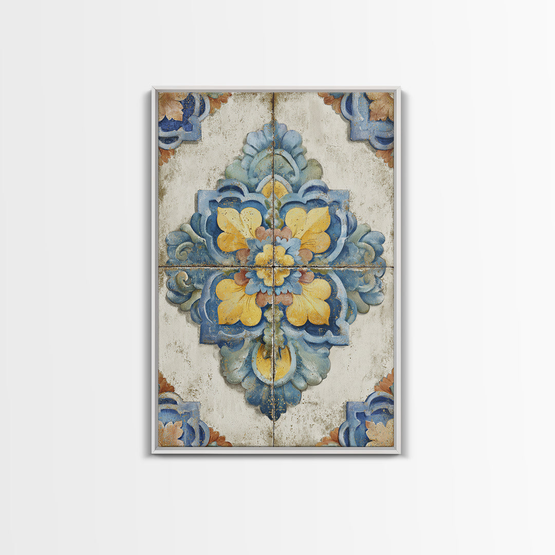 Spanish Tile Ornament Framed Canvas Print, Mediterranean Art, Nautical Decor, Living Room Decor, Azure, Coastal Wall Decor, MAR-2x3-24