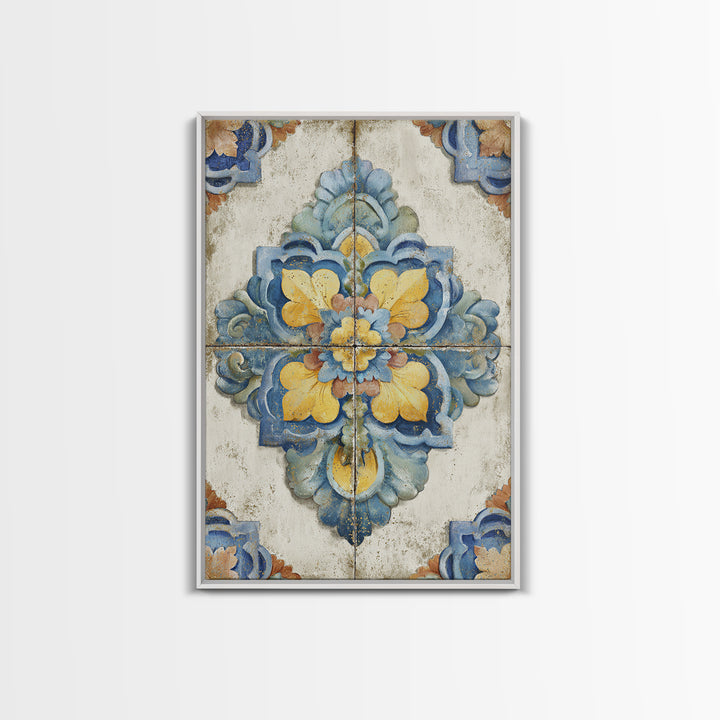 Spanish Tile Ornament Framed Canvas Print, Mediterranean Art, Nautical Decor, Living Room Decor, Azure, Coastal Wall Decor, MAR-2x3-24