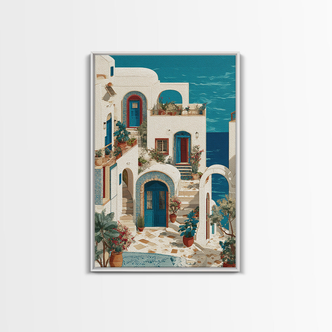 Greek Island White Buildings Above Blue Sea Framed Canvas Print, Mediterranean Art, Living Room Decor, Watercolor Art, Azure, MAR-2x3-33