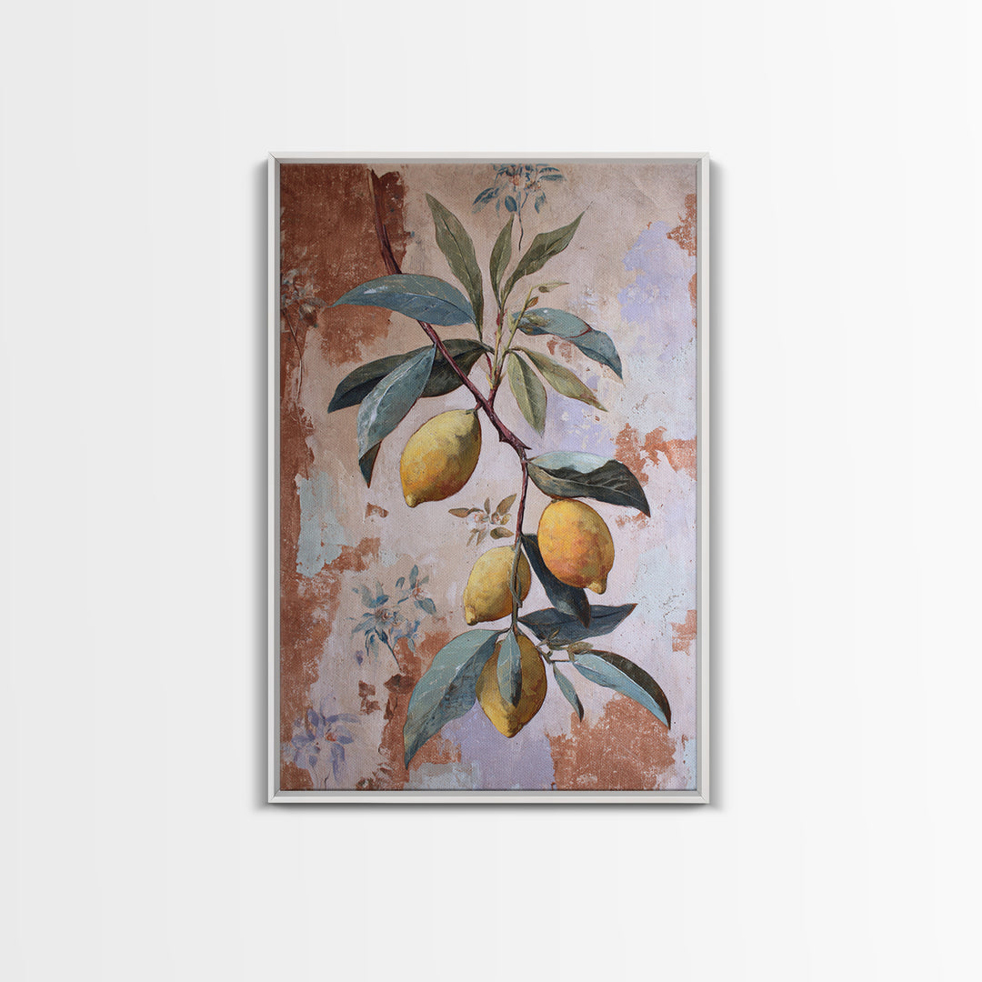 Olive Branch and Lemons on Terracotta Ground Canvas Print, Mediterranean Art, Luxury Decor, Living Room Decor, Azure, MAR-2x3-34