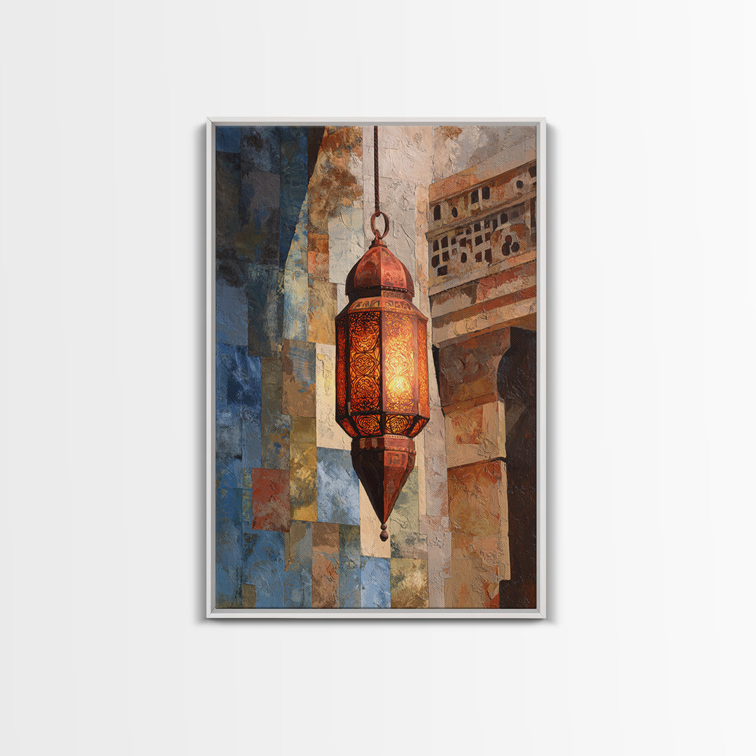Moroccan Influenced Lantern Framed Canvas Print, Mediterranean Art, Textured Painting, Living Room Decor, Abstract Art, Azure, MAR-2x3-41