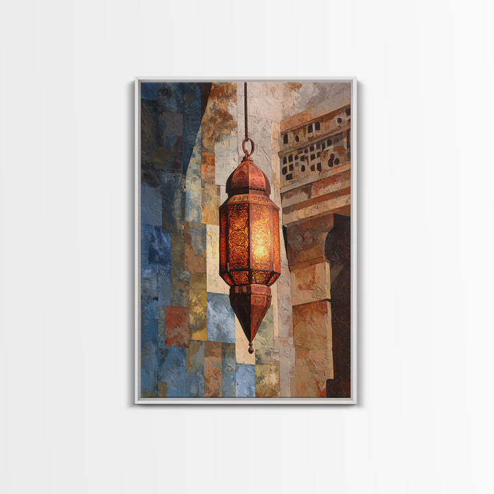 Moroccan Influenced Lantern Framed Canvas Print, Mediterranean Art, Textured Painting, Living Room Decor, Abstract Art, Azure, MAR-2x3-41