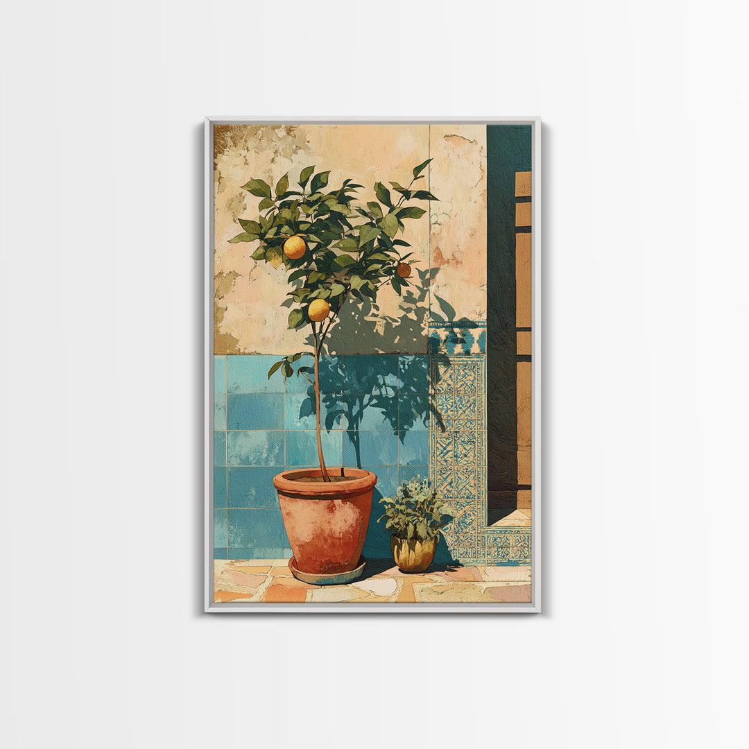 Citrus Tree in Clay Pot Framed Canvas Print, Mediterranean Art, Fine Art Print, Living Room Decor, Watercolor Art, Azure, MAR-2x3-42