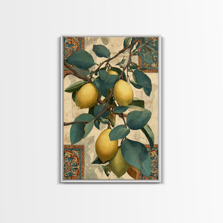 Sicilian Lemon Branch on Ivory Background Canvas Print, Mediterranean Art, Living Room Decor, Oil Painting, Azure, MAR-2x3-45