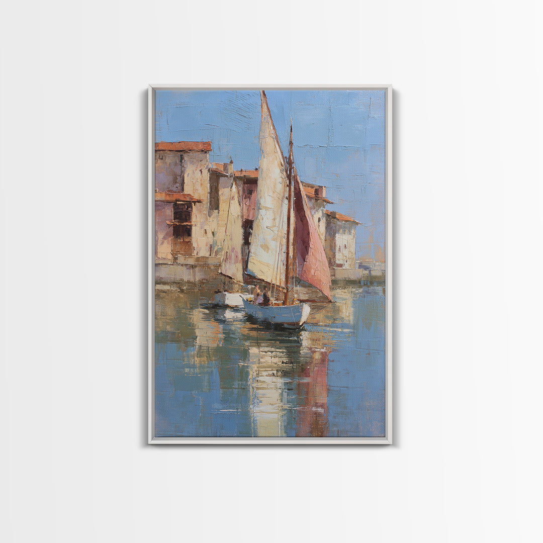 Mediterranean Sailboat on Glassy Water Canvas Print, Mediterranean Art, Boho Decor, Living Room Decor, Fine Art, Azure, MAR-2x3-50