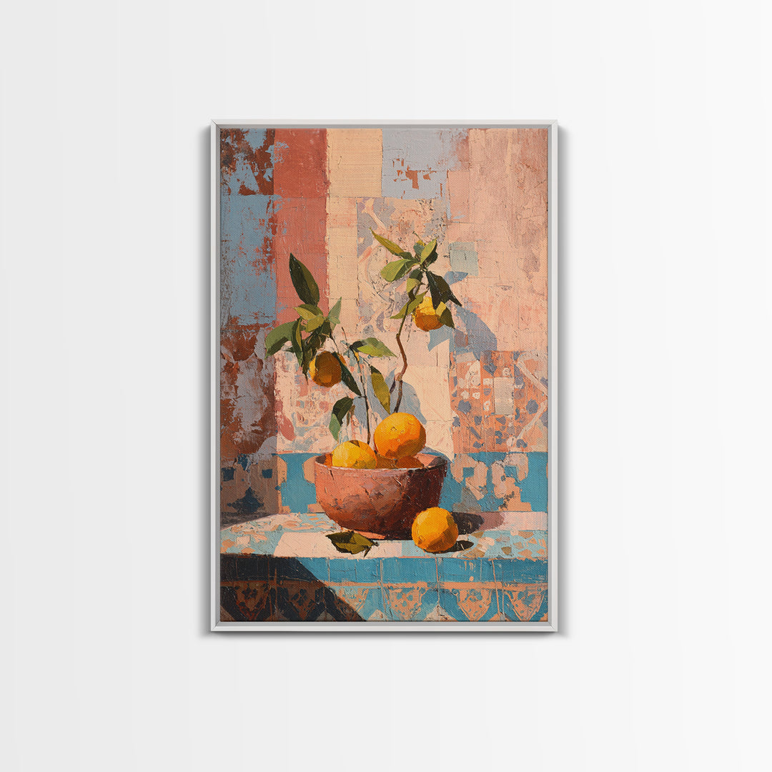 Ceramic Bowl of Oranges and Leaves Framed Canvas Print, Mediterranean Art, Living Room Decor, Oil Painting, Azure, MAR-2x3-53