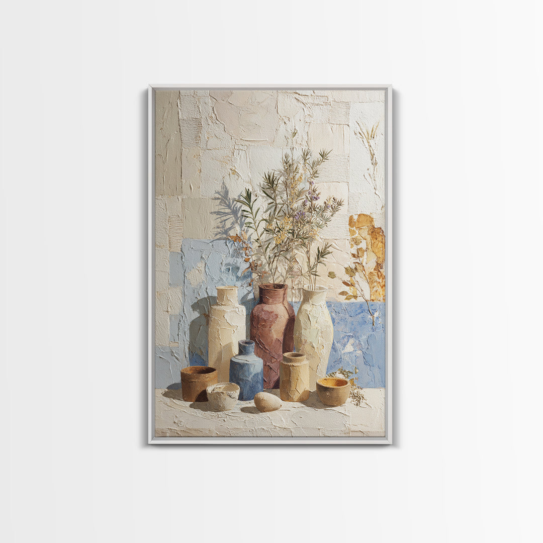Wild Herbs Rosemary and Thyme Botanical Study Framed Canvas Print, Mediterranean Art, Coastal Art, Living Room Decor, Azure, MAR-2x3-56