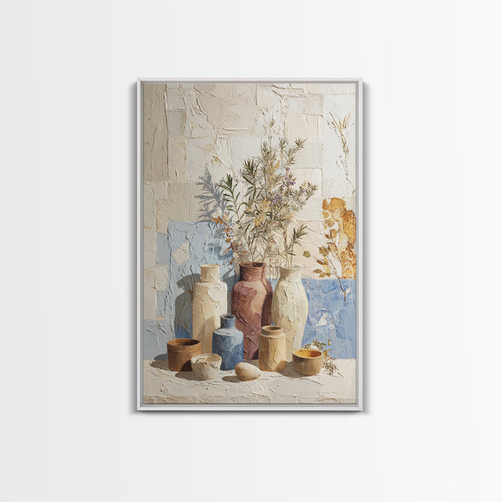 Wild Herbs Rosemary and Thyme Botanical Study Framed Canvas Print, Mediterranean Art, Coastal Art, Living Room Decor, Azure, MAR-2x3-56
