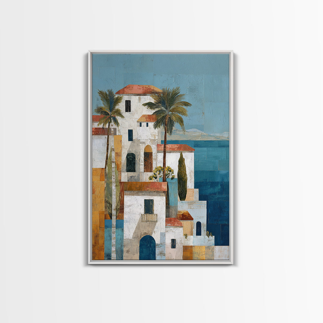 Greek Island White Buildings Above Blue Sea Canvas Print, Mediterranean Art, Framed Wall Art, Living Room Decor, Oil Painting, MAR-2x3-57