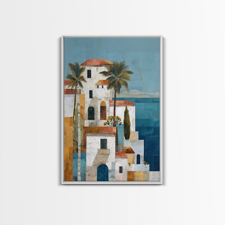 Greek Island White Buildings Above Blue Sea Canvas Print, Mediterranean Art, Framed Wall Art, Living Room Decor, Oil Painting, MAR-2x3-57