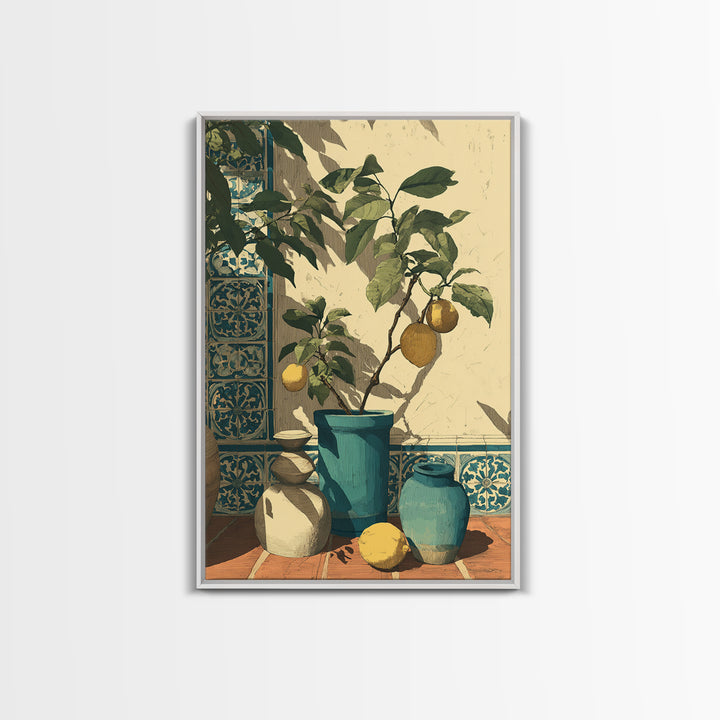 Olive Branch and Lemons on Terracotta Ground Canvas Print, Mediterranean Art, Contemporary Art, Living Room Decor, Azure, MAR-2x3-58