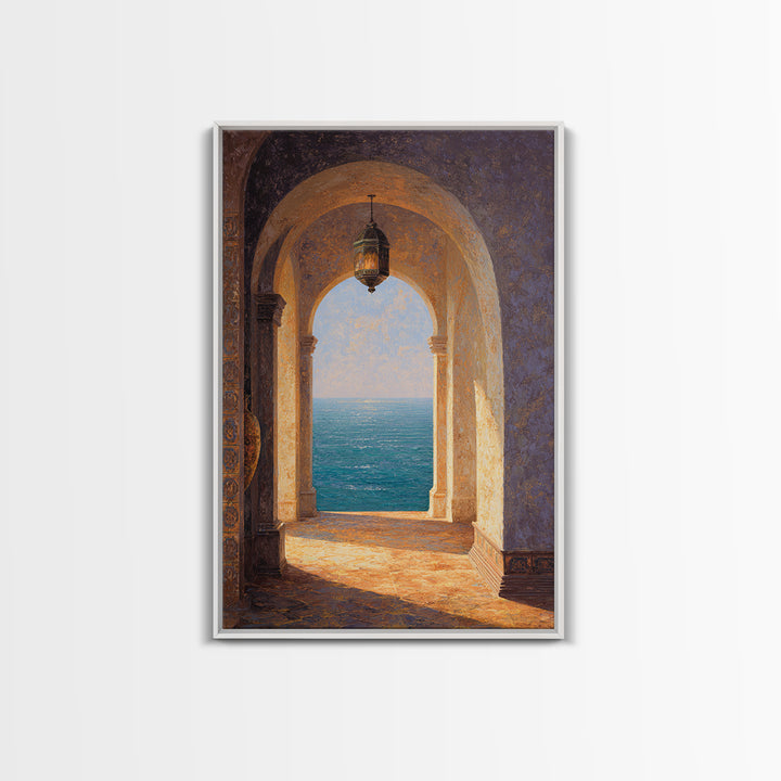 Mediterranean Arch Framing Ocean Horizon Framed Canvas Print, Mediterranean Art, Boho Decor, Living Room Decor, Fine Art, Azure, MAR-2x3-59