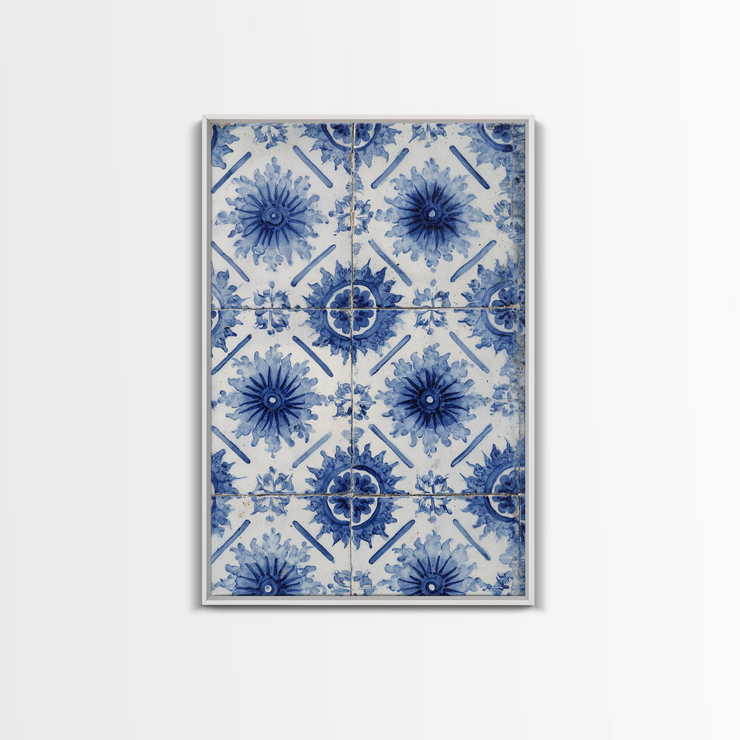Blue and White Tile Pattern Framed Canvas Print, Mediterranean Art, Statement Artwork, Living Room Decor, Fine Art, Azure, MAR-2x3-60