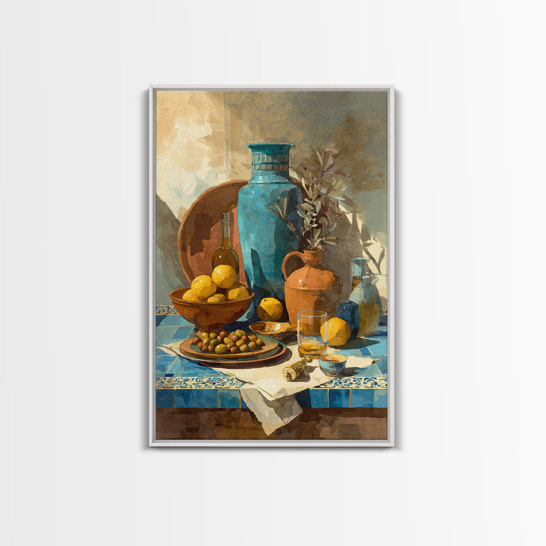 Figs Olives and Cheese Still Life Framed Canvas Print, Mediterranean Art, Gallery Decor, Living Room Decor, Fine Art, Azure, MAR-2x3-64