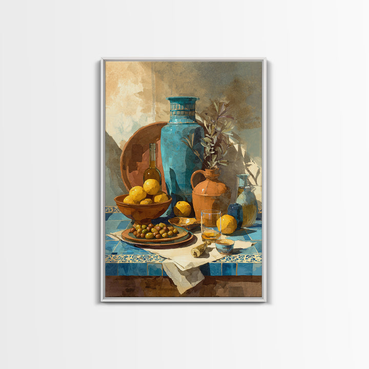 Figs Olives and Cheese Still Life Framed Canvas Print, Mediterranean Art, Gallery Decor, Living Room Decor, Fine Art, Azure, MAR-2x3-64