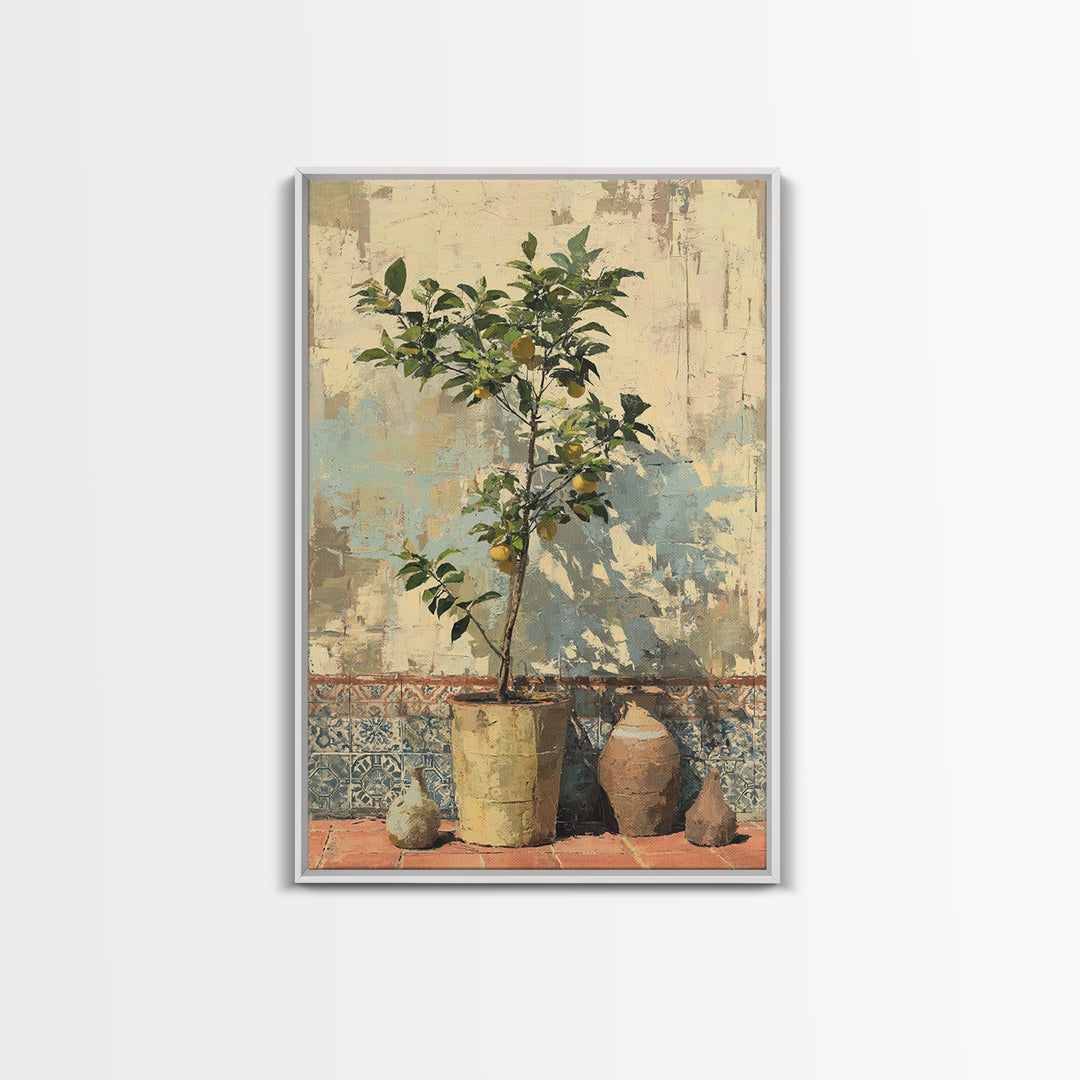 Citrus Tree in Clay Pot Canvas Print, Mediterranean Art, Room Decor, Living Room Decor, Oil Painting, Azure, Printable Art, MAR-2x3-66