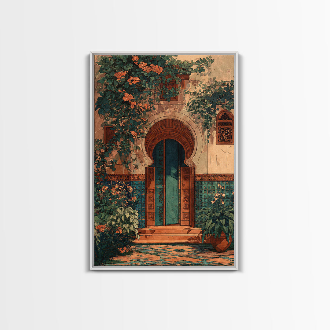 Sunlit Courtyard Doorway Canvas Print, Mediterranean Art, Luxury Decor, Living Room Decor, Fine Art, Azure, Framed Wall Art, MAR-2x3-67