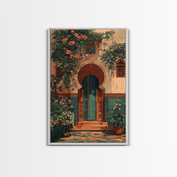 Sunlit Courtyard Doorway Canvas Print, Mediterranean Art, Luxury Decor, Living Room Decor, Fine Art, Azure, Framed Wall Art, MAR-2x3-67