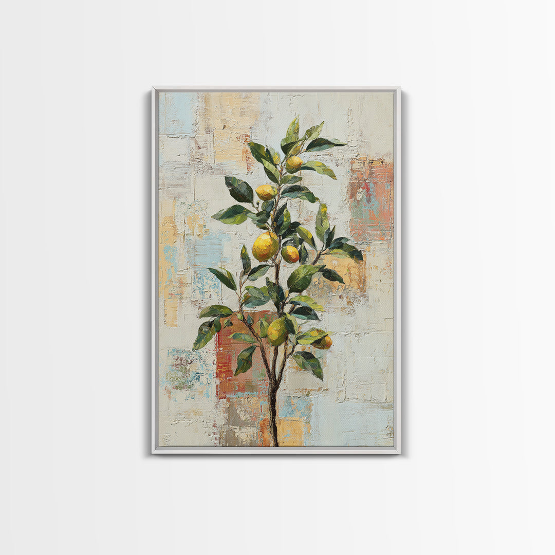 Sicilian Lemon Branch on Ivory Background Framed Canvas Print, Mediterranean Art, Oil Painting, Living Room Decor, MAR-2x3-69
