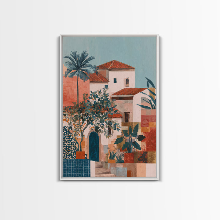 Sunset over Red Tiled Rooftops Canvas Print, Mediterranean Art, Watercolor Painting, Living Room Decor, Fine Art, Azure, MAR-2x3-7