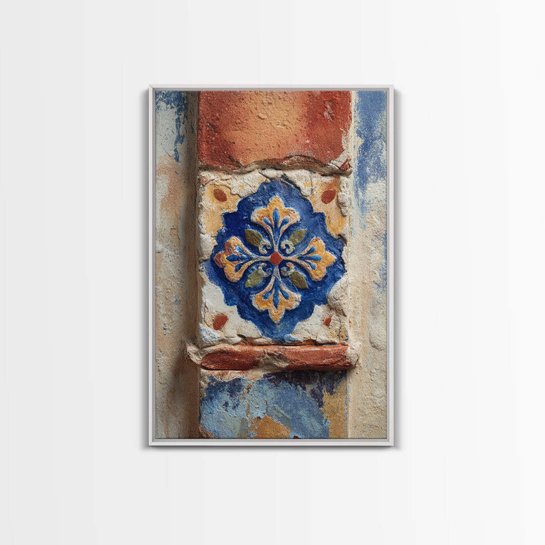 Spanish Tile Ornament Canvas Print, Mediterranean Art, Neutral Decor, Living Room Decor, Oil Painting, Azure, Home Decor, MAR-2x3-72