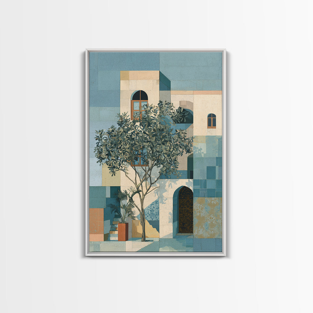 Olive Grove under Pale Morning Light Framed Canvas Print, Mediterranean Art, Digital Wall Art, Living Room Decor, Azure, MAR-2x3-73