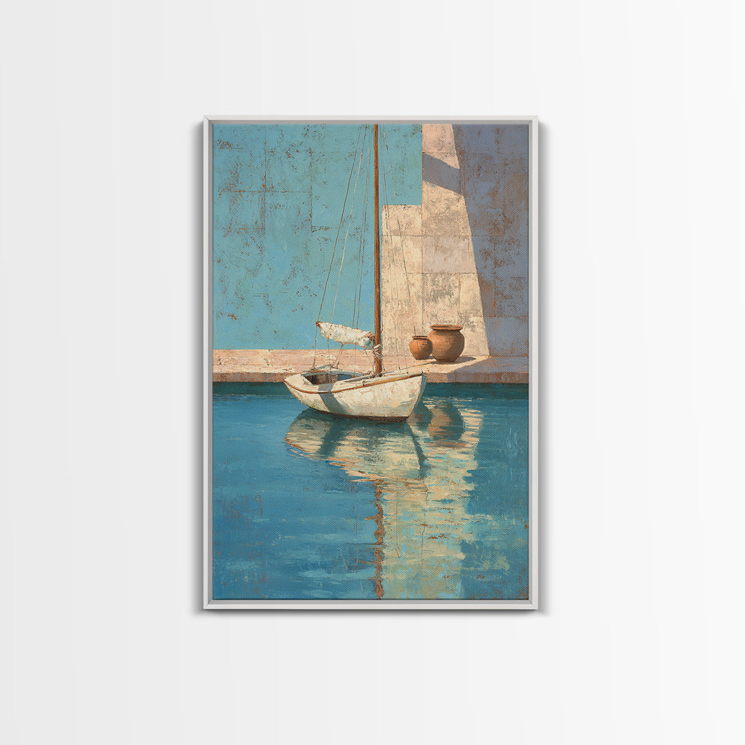 Mediterranean Sailboat on Glassy Water Canvas Print, Mediterranean Art, Living Room Decor, Azure, Digital Art Prints, MAR-2x3-74