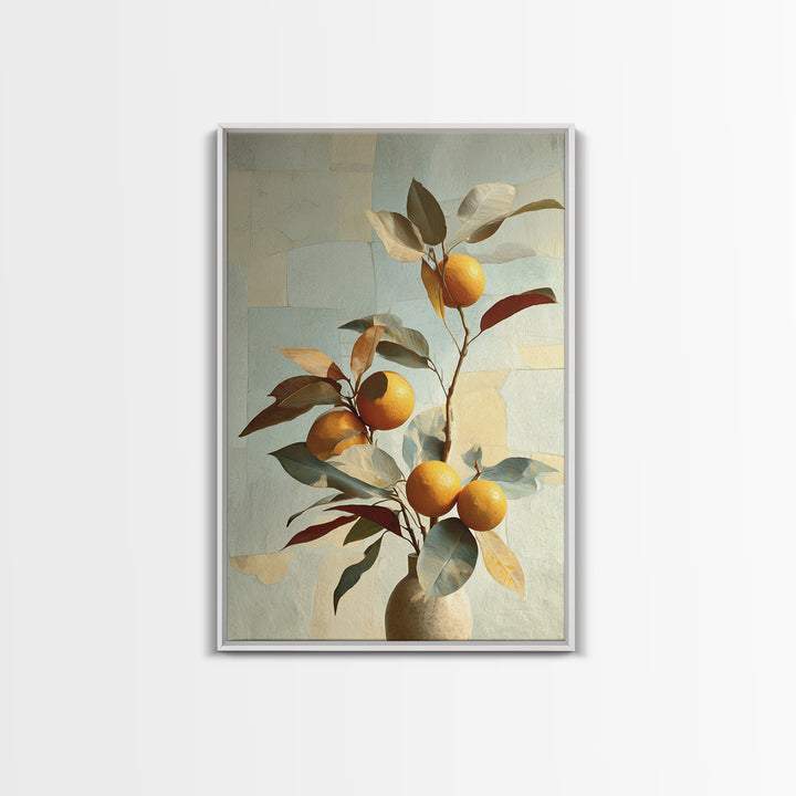 Ceramic Bowl of Oranges and Leaves Canvas Print, Mediterranean Art, Large Wall Art, Living Room Decor, Fine Art, Azure, MAR-2x3-77