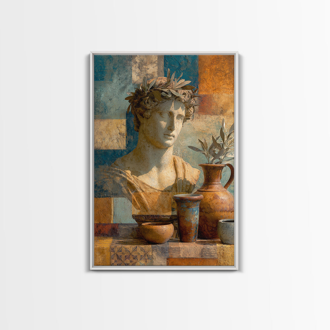 Roman Statue Bust Framed Canvas Print, Mediterranean Art, Minimalist Decor, Living Room Decor, Azure, Horizontal Wall Art, MAR-2x3-78