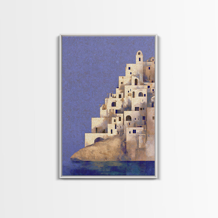 Greek Island White Buildings Above Blue Sea Canvas Print, Mediterranean Art, Framed Wall Art, Living Room Decor, Oil Painting, MAR-2x3-81