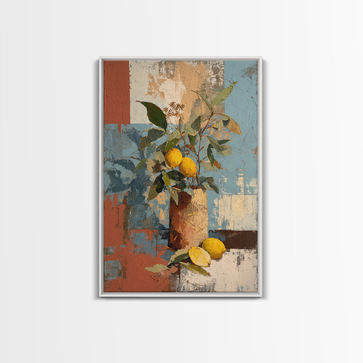 Olive Branch and Lemons on Terracotta Ground Canvas Print, Mediterranean Art, Contemporary Art, Living Room Decor, Azure, MAR-2x3-82