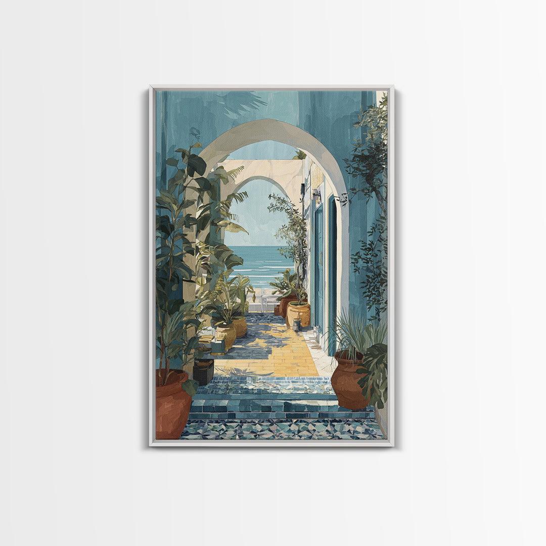 Mediterranean Arch Framing Ocean Horizon Framed Canvas Print, Mediterranean Art, Oil Painting, Living Room Decor, Azure, MAR-2x3-83
