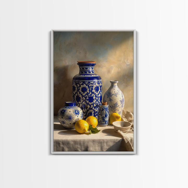 Blue and White Tile Pattern Framed Canvas Print, Mediterranean Art, Modern Wall Art, Living Room Decor, Fine Art, Azure, MAR-2x3-84