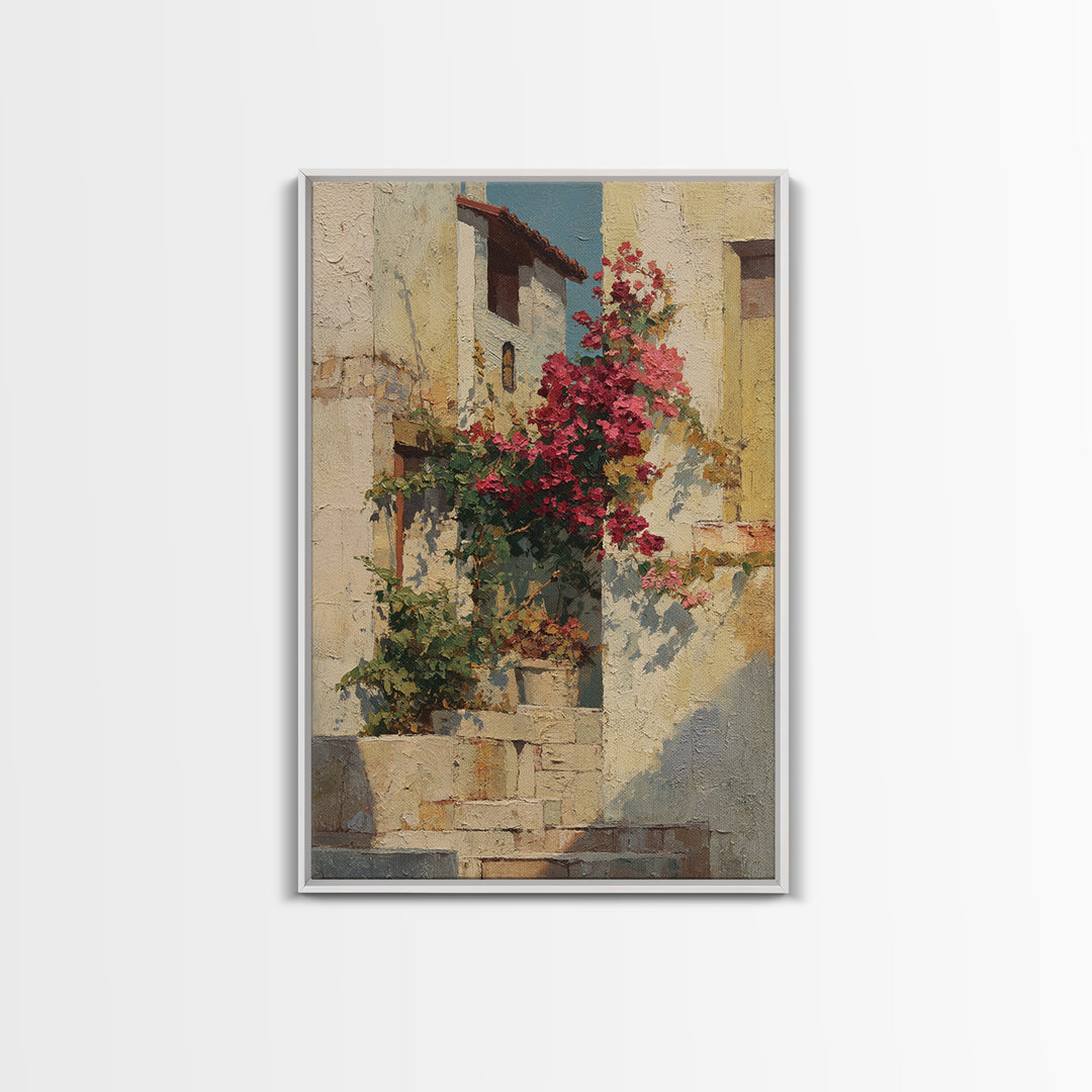 Bougainvillea Cascading over Stone Wall Framed Canvas Print, Mediterranean Art, Digital Print, Living Room Decor, Azure, MAR-2x3-85