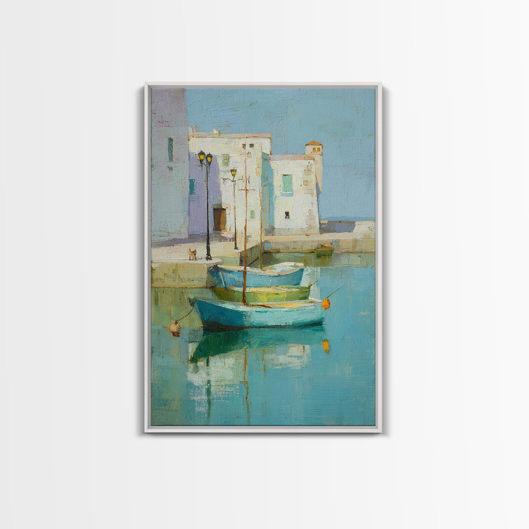 Coastal Fishing Boats Framed Canvas Print, Mediterranean Art, Digital Wall Art, Living Room Decor, Azure, Coastal Wall Art, MAR-2x3-87