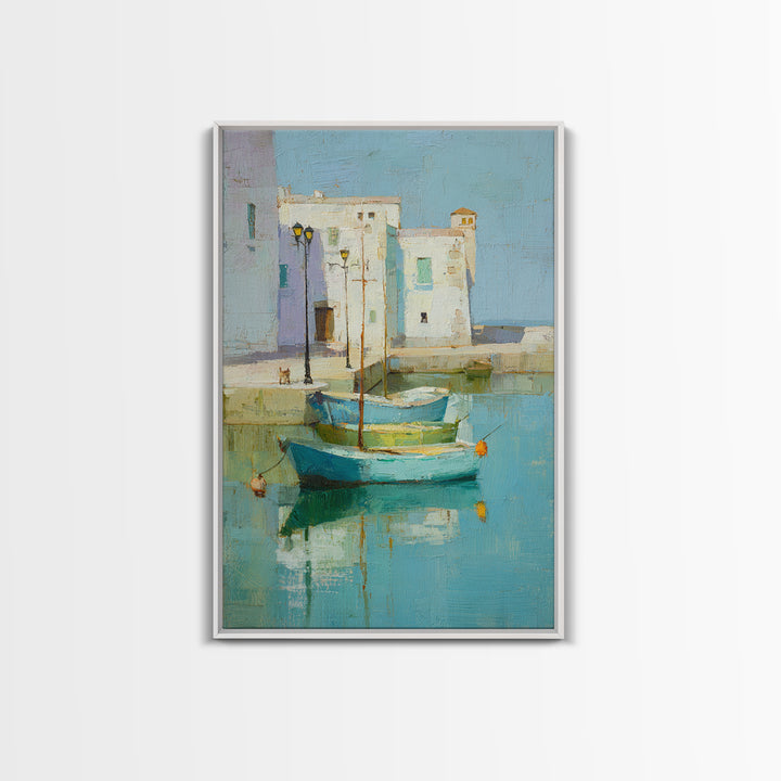Coastal Fishing Boats Framed Canvas Print, Mediterranean Art, Digital Wall Art, Living Room Decor, Azure, Coastal Wall Art, MAR-2x3-87