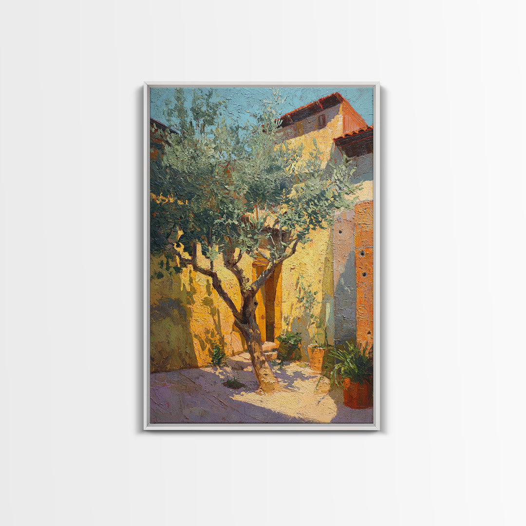 Olive Grove under Pale Morning Light Framed Canvas Print, Mediterranean Art, Digital Wall Art, Living Room Decor, Azure, MAR-2x3-97