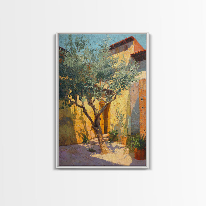 Olive Grove under Pale Morning Light Framed Canvas Print, Mediterranean Art, Digital Wall Art, Living Room Decor, Azure, MAR-2x3-97