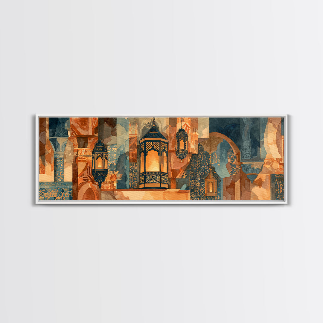 Moroccan Influenced Lantern Framed Canvas Print, Mediterranean Art, Digital Print, Living Room Decor, Fine Art, Azure, MAR-3x1-1