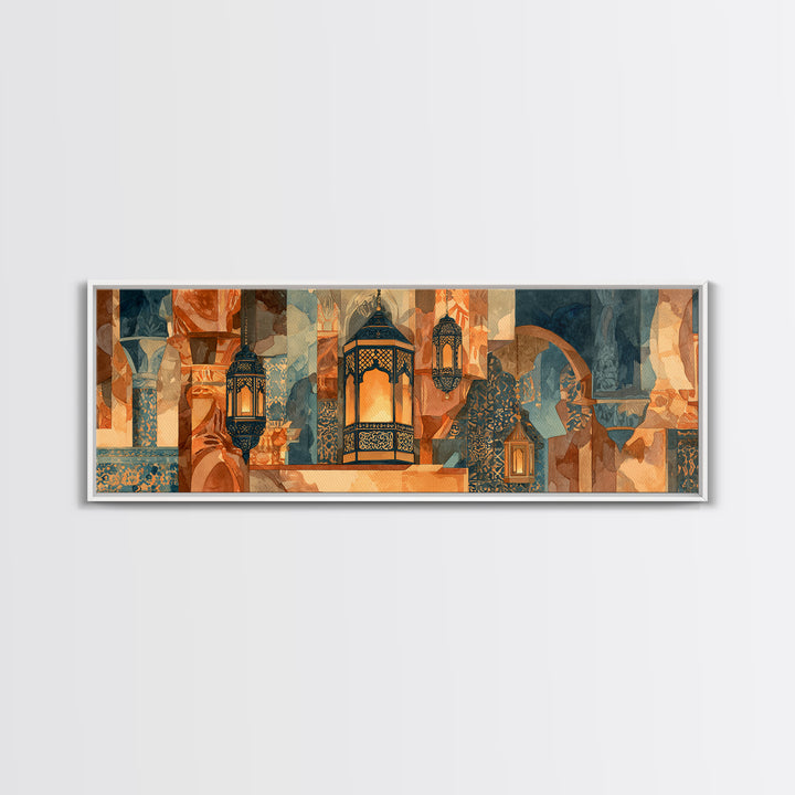 Moroccan Influenced Lantern Framed Canvas Print, Mediterranean Art, Digital Print, Living Room Decor, Fine Art, Azure, MAR-3x1-1