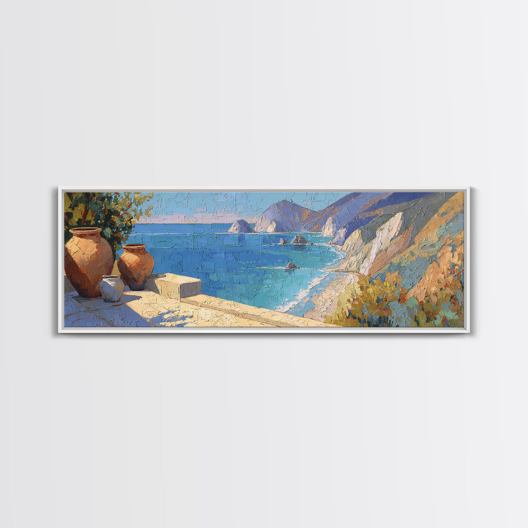Coastal Cliffs with Sparkling Blue Water Framed Canvas Print, Mediterranean Art, Coastal Art, Living Room Decor, Azure, MAR-3x1-12