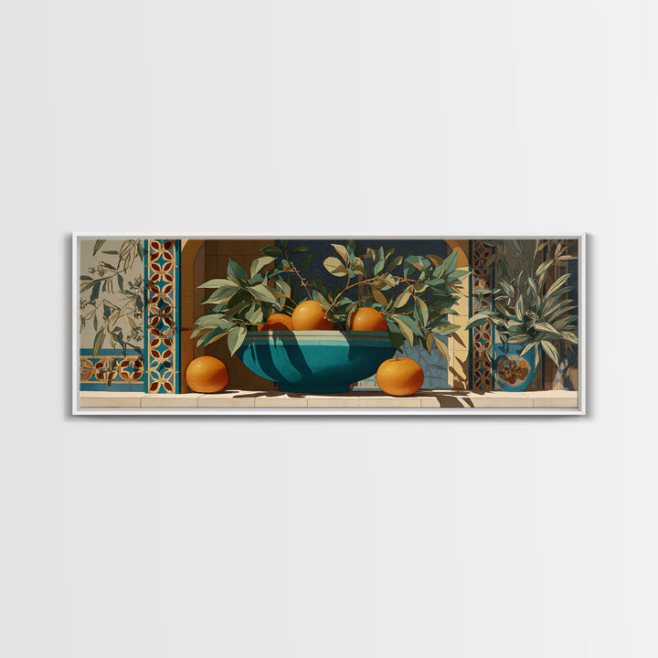 Ceramic Bowl of Oranges and Leaves Canvas Print, Mediterranean Art, Digital Wall Art, Living Room Decor, Fine Art, Azure, MAR-3x1-13